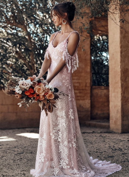 Lace Wedding Dress With Train A-Line Sleeveless V-Neck Backless Bridal Gowns Pink