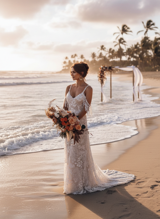 Lace Wedding Dress With Train Ivory A-Line Sleeveless V-Neck Backless Bridal Gowns