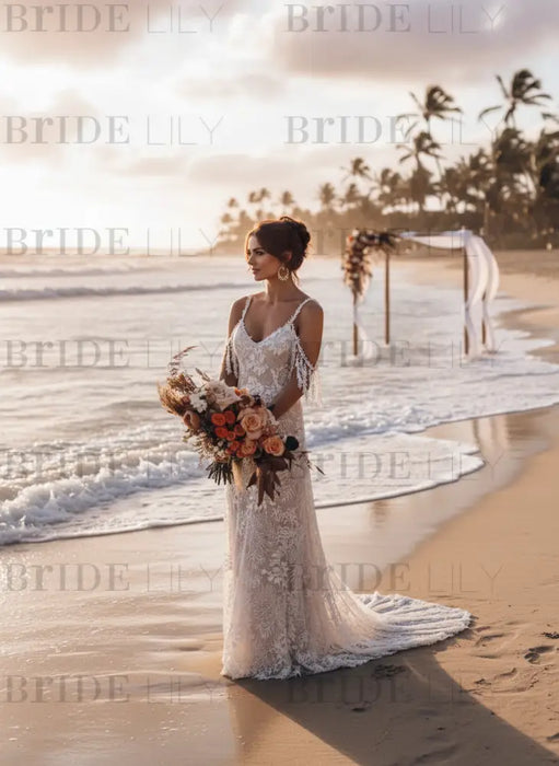 A-Line Lace Wedding Dress | V-Neck Backless Bridal Gown with Train-Bridelily A-Line Lace Wedding Dress | V-Neck Backless Bridal Gown with Train-Bridelily