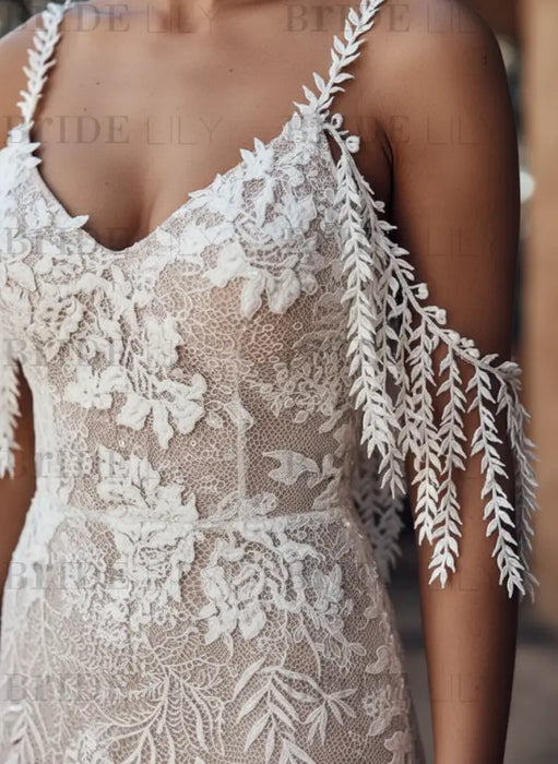 A-Line Lace Wedding Dress | V-Neck Backless Bridal Gown with Train-Bridelily A-Line Lace Wedding Dress | V-Neck Backless Bridal Gown with Train-Bridelily