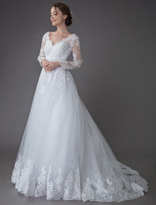 Lace Wedding Dresses Ball Gown V Neck Long Sleeve Backless Princess Bridal Dress