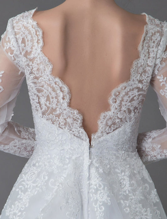 Lace Wedding Dresses Ball Gown V Neck Long Sleeve Backless Princess Bridal Dress