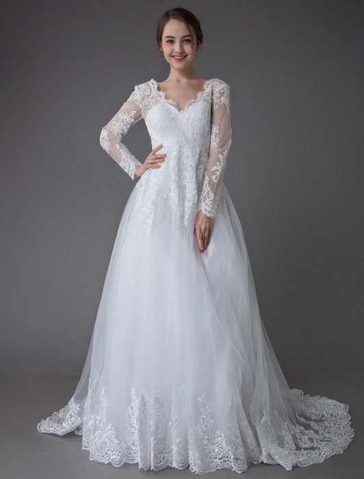 Lace Wedding Dresses Ball Gown V Neck Long Sleeve Backless Princess Bridal Dress