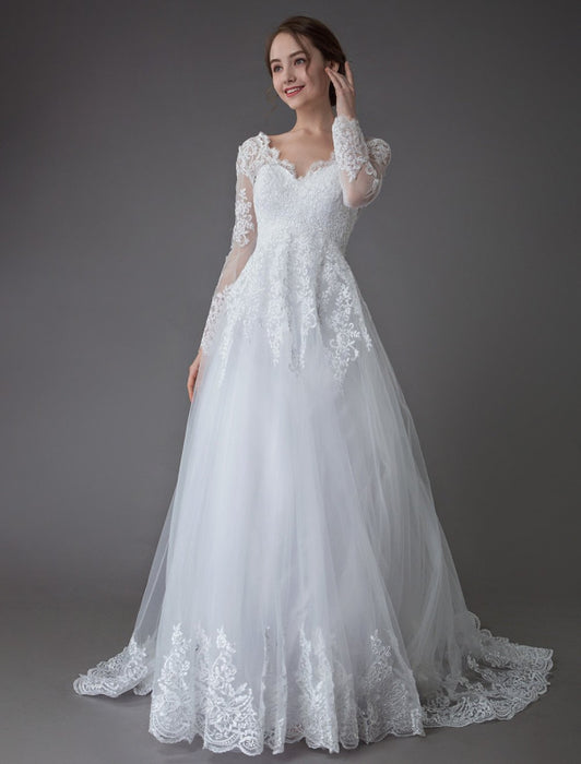 Lace Wedding Dresses Ball Gown V Neck Long Sleeve Backless Princess Bridal Dress