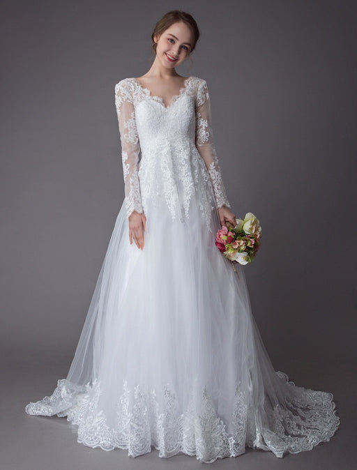 Lace Wedding Dresses Ball Gown V Neck Long Sleeve Backless Princess Bridal Dress