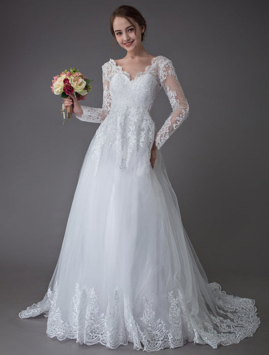Lace Wedding Dresses Ball Gown V Neck Long Sleeve Backless Princess Bridal Dress