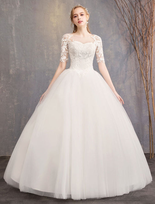 Lace Wedding Dresses Ivory Illusion Neckline Half Sleeve Floor Length Princess Wedding Dress
