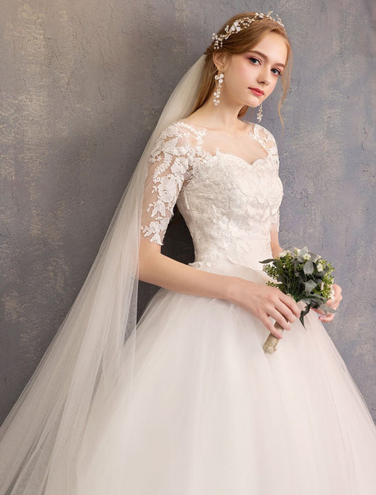 Lace Wedding Dresses Ivory Illusion Neckline Half Sleeve Floor Length Princess Wedding Dress