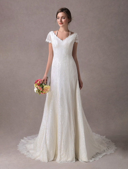 Lace Wedding Dresses Ivory V Neck Short Sleeve A Line Straps Bridal Gowns With Train