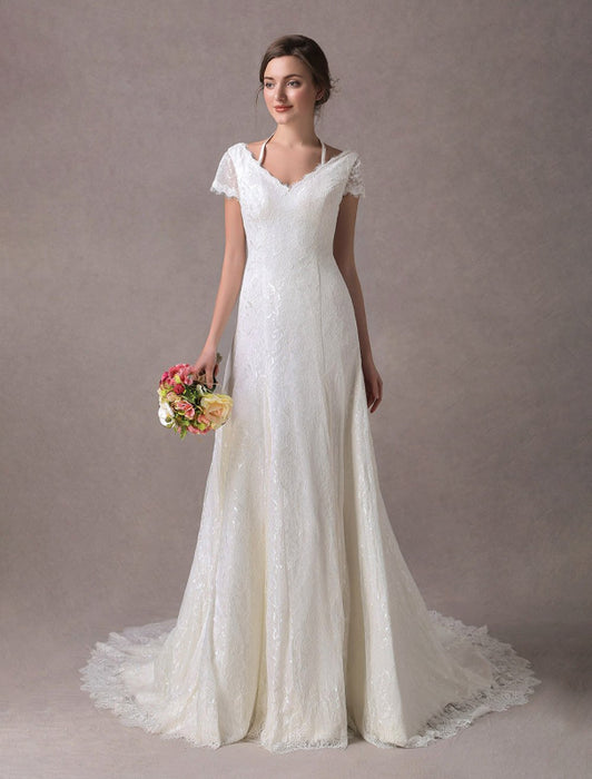 Lace Wedding Dresses Ivory V Neck Short Sleeve A Line Straps Bridal Gowns With Train