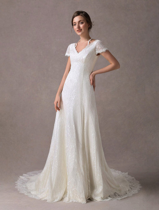 Lace Wedding Dresses Ivory V Neck Short Sleeve A Line Straps Bridal Gowns With Train