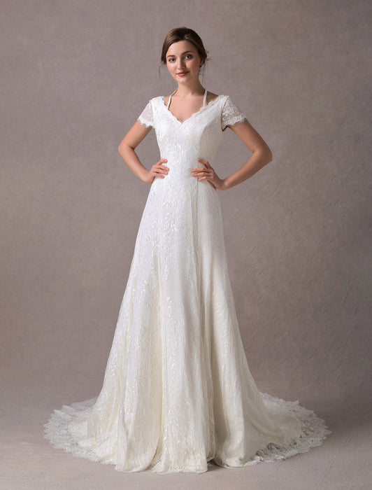 Lace Wedding Dresses Ivory V Neck Short Sleeve A Line Straps Bridal Gowns With Train