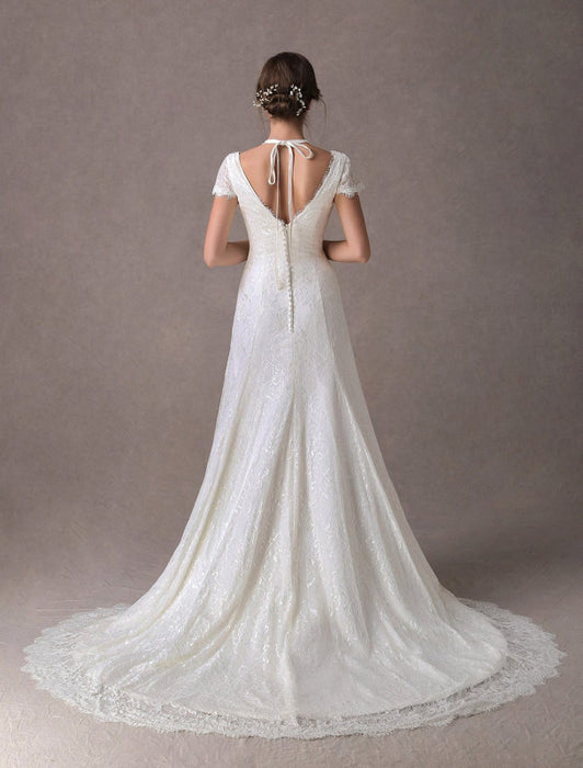 Lace Wedding Dresses Ivory V Neck Short Sleeve A Line Straps Bridal Gowns With Train
