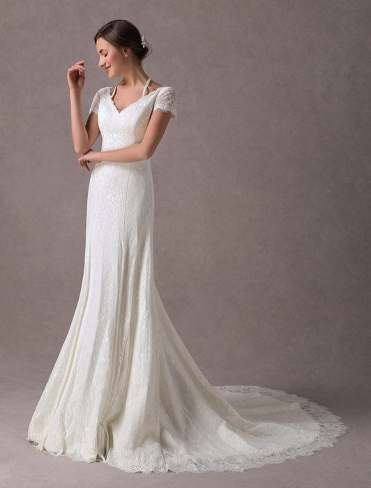 Lace Wedding Dresses Ivory V Neck Short Sleeve A Line Straps Bridal Gowns With Train