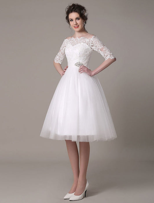 Lace Wedding Dresses 2021  short off the shoulder A Line Knee Length Waist Rhinestone Bridal Dress misshow