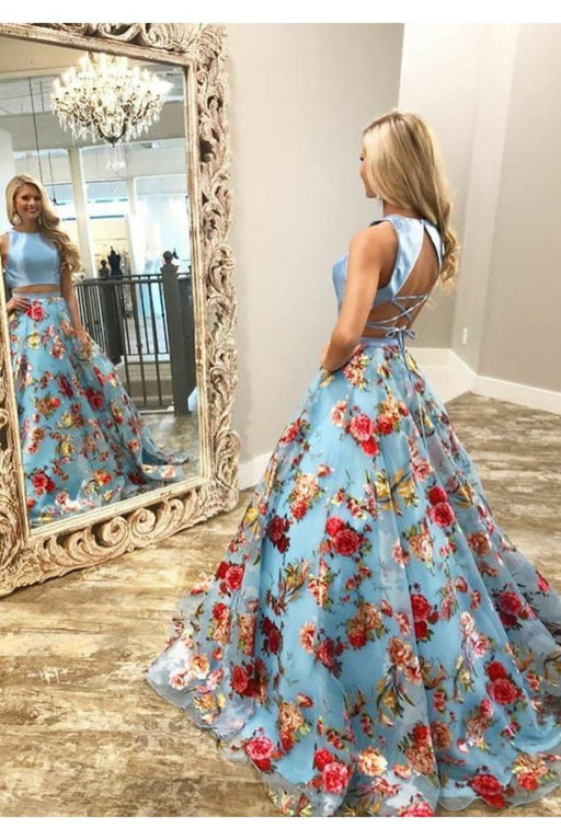 Latest Marvelous Two Piece Crew Open Back Sweep Train Light Blue Sleeveless Lace Prom Dress - Prom Dresses