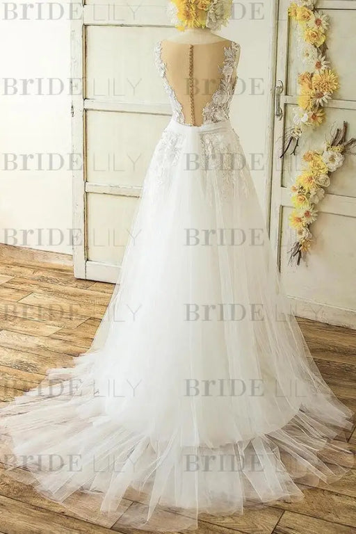 Latest V-neck Appliques Tulle A-line Wedding Dress - Wedding Dresses