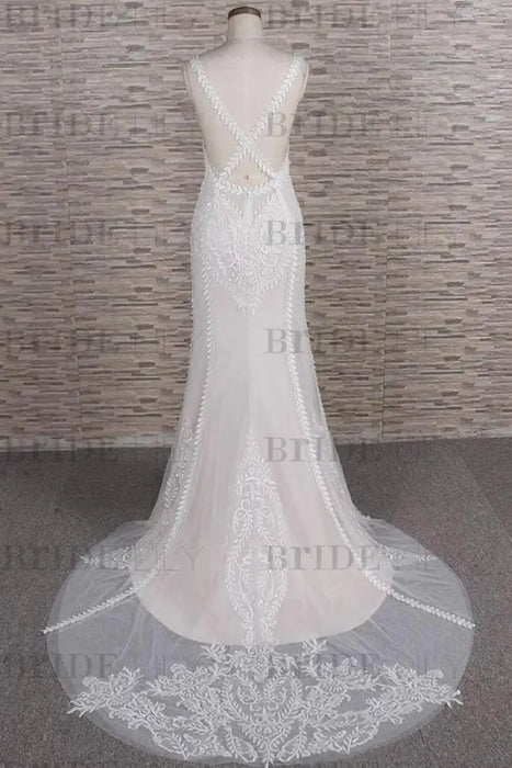 Latest V-neck Appliques Tulle Mermaid Wedding Dress - Wedding Dresses