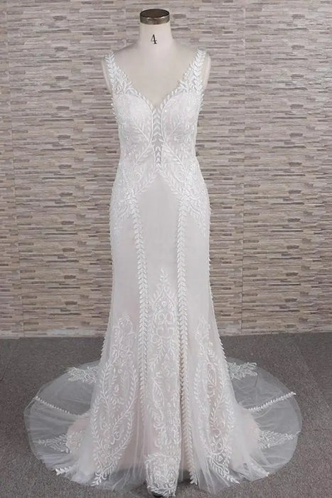 Latest V-neck Appliques Tulle Mermaid Wedding Dress - Wedding Dresses