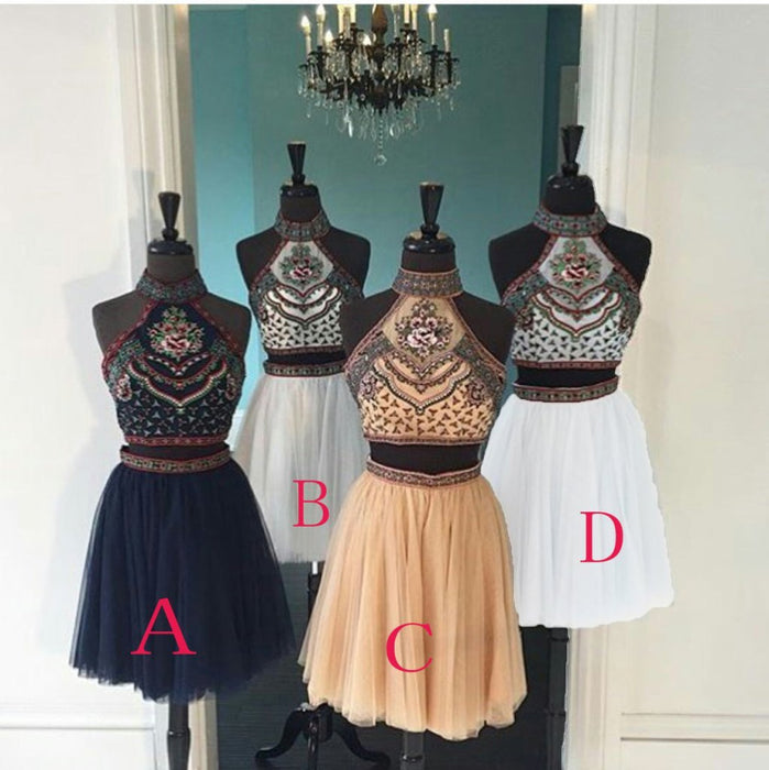 Latest Wonderful White A-line High Neck Two Piece Mini Tulle Homecoming Dress with Embroidery - Prom Dresses
