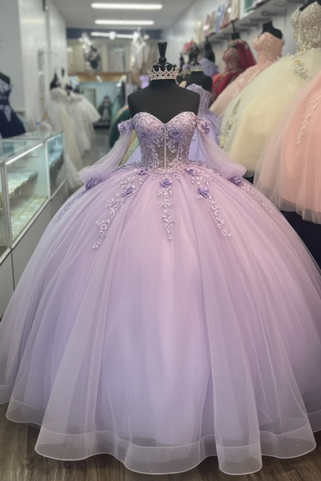 Lavender Off-the-Shoulder 3D Floral Quinceanera Dress Sweet 16 Ball Gown with Beadings