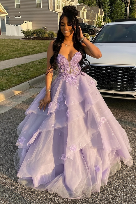 Spaghetti Straps Tulle A-Line Prom Dress Floral Ruffles Corset Gown -Bridelily Spaghetti Straps Tulle A-Line Prom Dress Floral Ruffles Corset Gown -Bridelily