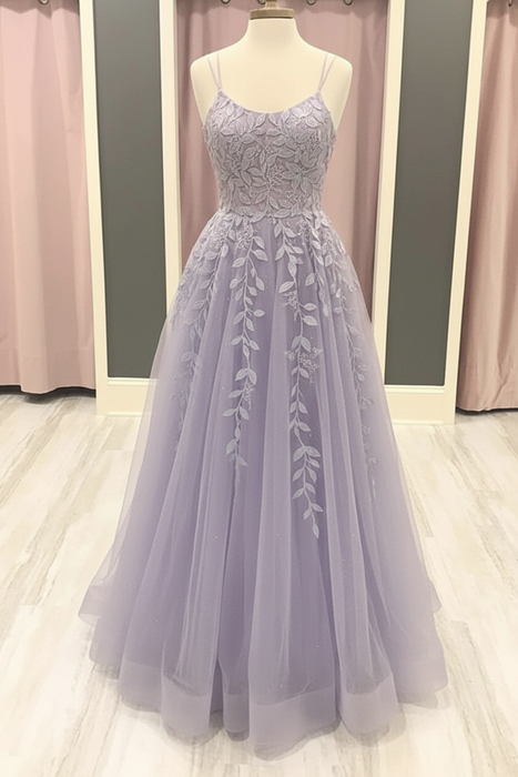 Lavender A Line Lace Long Prom Dresses