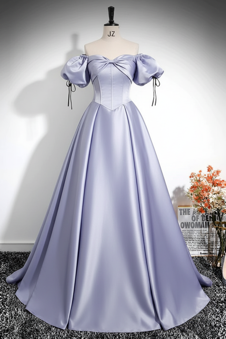Lavender A-Line Pleated Off-The-Shoulder Prom Dress