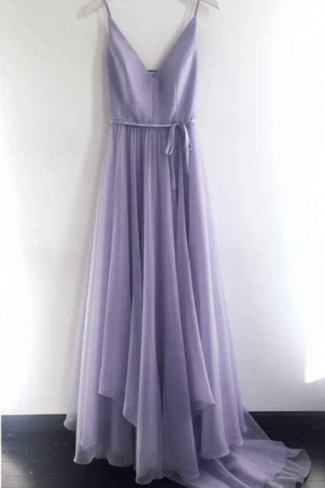 Lavender A Line V Neck Spaghetti Straps Tulle Prom Dresses