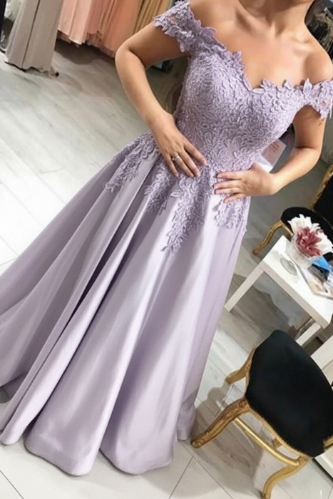 Lavender Off-the-Shoulder Lace Applique Satin Aline Evening Dresses