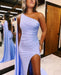 Lavender Beaded One Shoulder Prom Dress Sleeveless Long Flutter Sequins