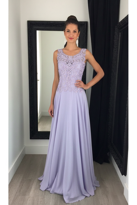 Lavender Chiffon A-Line Prom Dress Scoop Neck with Lace Appliques