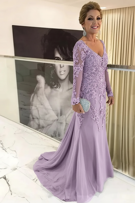 Lavender Elegant Long Sleeves Lace mother of the bride dress V-Neck - Prom Dresses