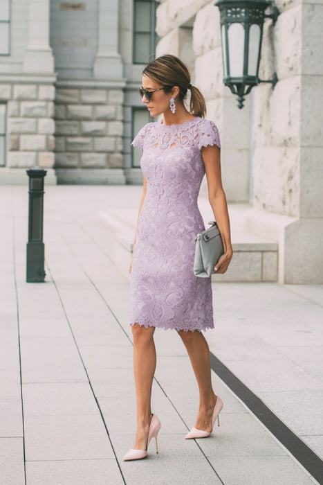 Lavender Lace Formal Dresses Knee Length Mother of the Bride Dress Cap Sleeves