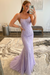Lavender Lace Mermaid Backless Long Prom Dresses