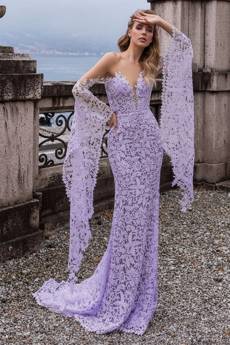 Lavender Lace Wedding Dress Mermaid Wedding Dress V Neck Long Sleeve Sexy Bridal Dresses