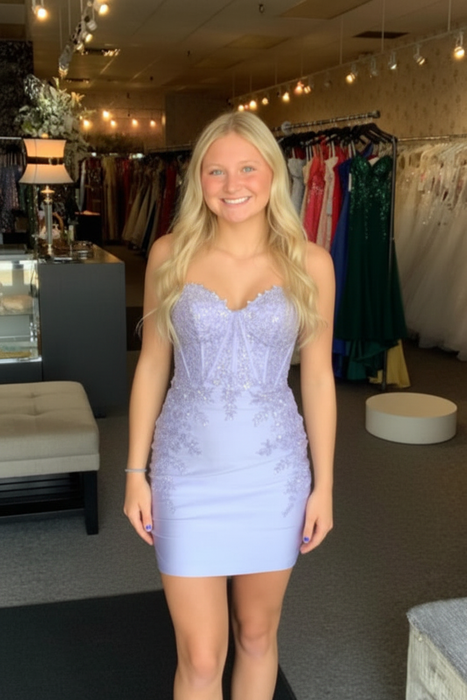 Lavender Strapless Lace Tight Homecoming Dresses Sweetheart Short Formal Dresses - Prom Dress
