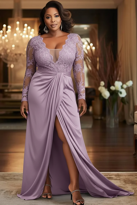 Lavender V-Neck Mother of the Bride Dress Long Sleeves lace Front Slit Wedding Guest Dress