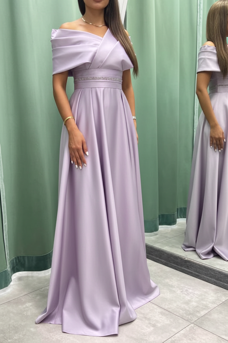 Lavender Elegant Off-the-Shoulder Long Evening Dress Pleated