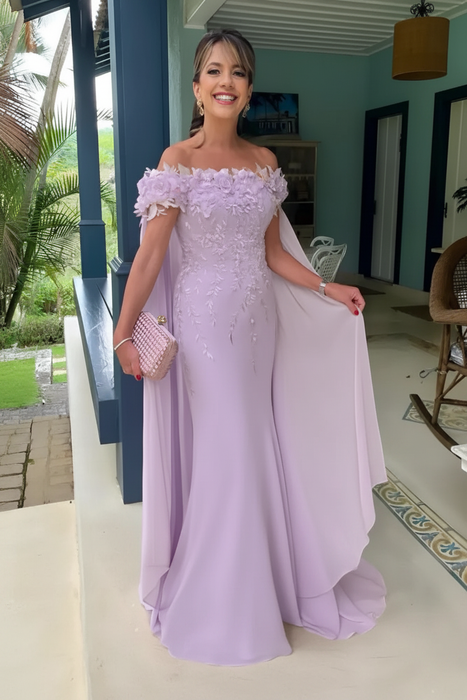 Lavender Off-The-Shoulder Mermaid Chiffon Wedding Guest Dresses Long with Appliques - Prom Dresses