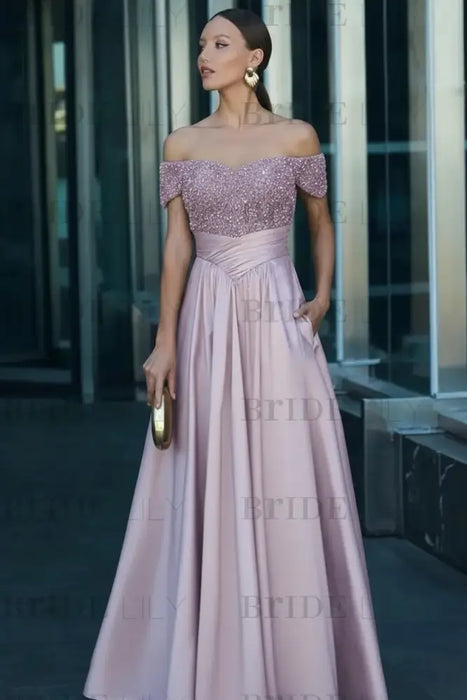Lavender Off-the-Shoulder Satin Aline Formal Dress with Beadings