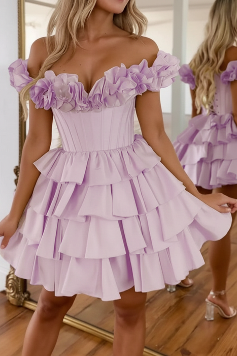 Lavender Off-the-Shoulder Satin Corset Graduation Dress Short Cocktail Dress