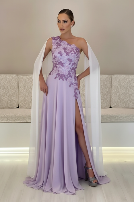 Lavender One-Shoulder Sleeveless Chiffon Evening Dresses Long with Side Slit - Prom Dresses