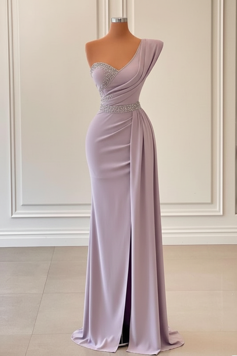 Lavender One-Shoulder Split Mermaid Prom Dress With Beadings
