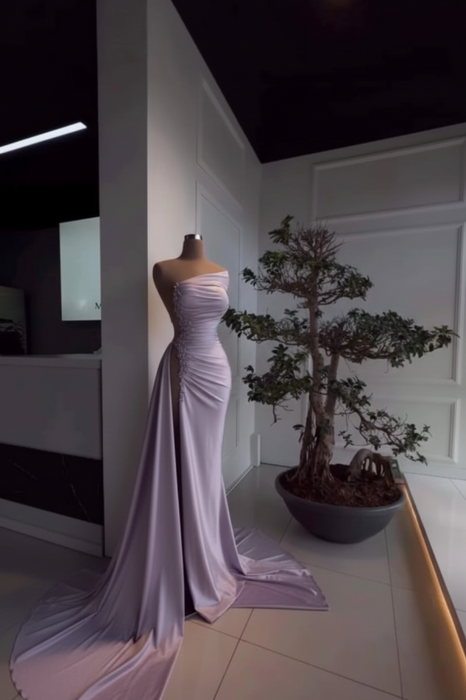 Lavender Pearl Strapless Prom Dress with Long Slit