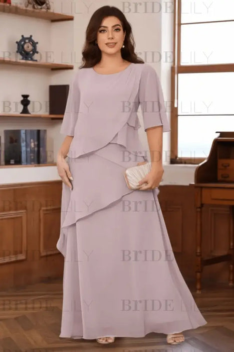 Lavender Plus Size Ruffles Chiffon Mother of the Bride Dress Scoop Neck with Half Sleeves
