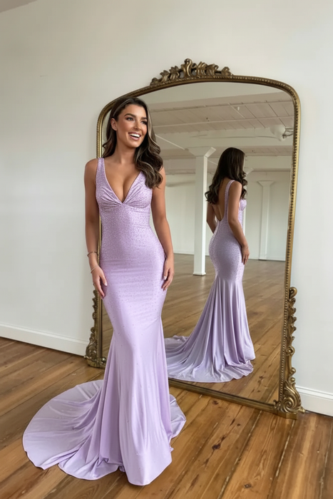 Lavender Prom Dress Mermaid V Neck Long Evening Dress with Beadings - Prom Dresses