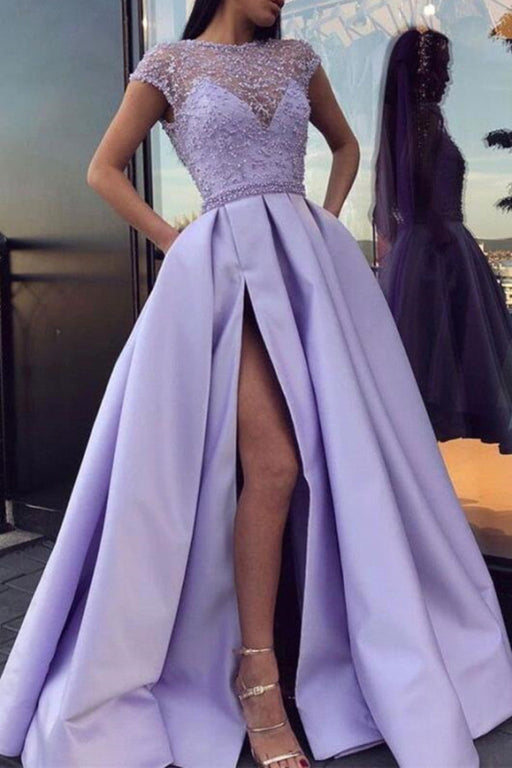 Lavender Prom Dress with Short Sleeves and Split Design Embellished with Beadings