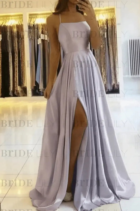 Lavender Simple Prom Dress Long With Spaghetti Straps Front Slit Satin Evening Dress
