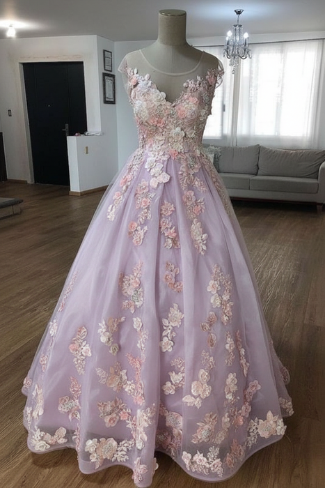 Lavender Puffy Sheer Neck Floor Length Party Dress Flowers Long Prom Gown with Appliques - Prom Dresses